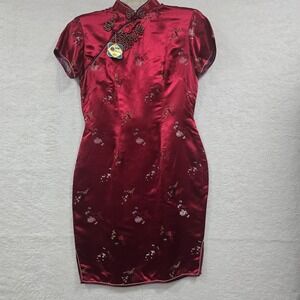 Vintage Peony Shanghai China Long Dress Red Women's Size  38 Traditional